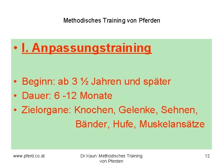 Methodisches Training von Pferden • I. Anpassungstraining • Beginn: ab 3 ½ Jahren und