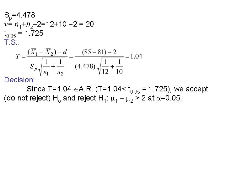 Sp=4. 478 = n 1+n 2 2=12+10 2 = 20 t 0. 05 =