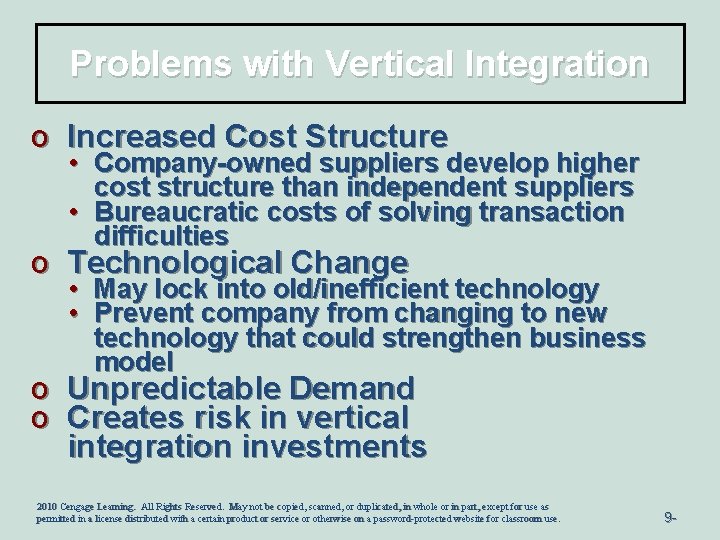 Problems with Vertical Integration o Increased Cost Structure • Company-owned suppliers develop higher cost