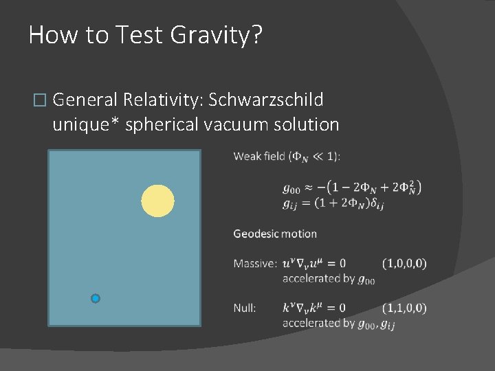 How to Test Gravity? � General Relativity: Schwarzschild unique* spherical vacuum solution 