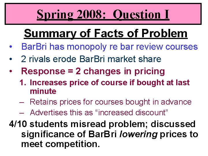 Spring 2008: Question I Summary of Facts of Problem • Bar. Bri has monopoly