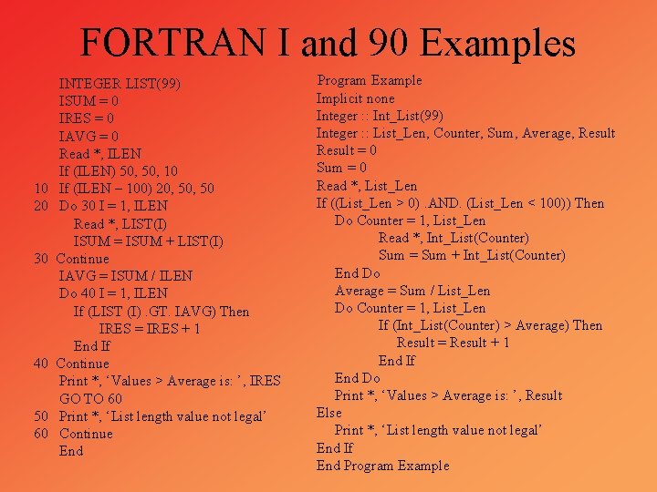 FORTRAN I and 90 Examples 10 20 30 40 50 60 INTEGER LIST(99) ISUM