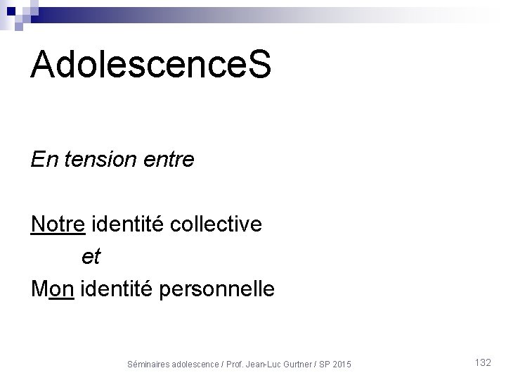 Adolescence. S En tension entre Notre identité collective et Mon identité personnelle Séminaires adolescence