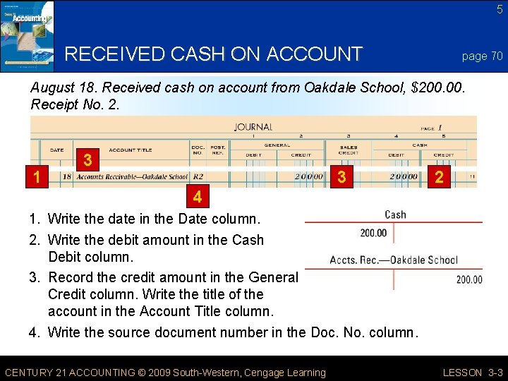 5 RECEIVED CASH ON ACCOUNT page 70 August 18. Received cash on account from