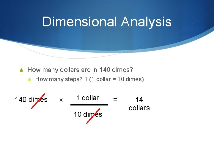 Dimensional Analysis S How many dollars are in 140 dimes? S How many steps?