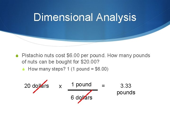 Dimensional Analysis S Pistachio nuts cost $6. 00 per pound. How many pounds of