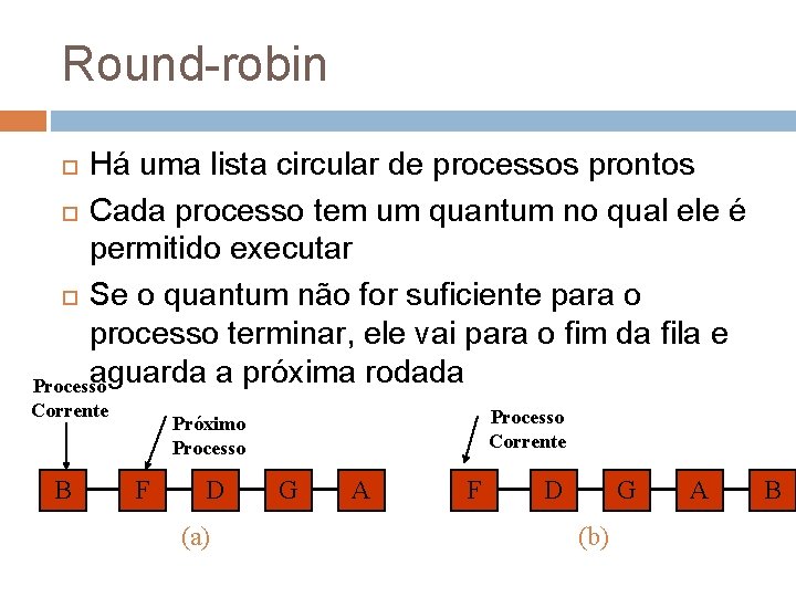 Round-robin Há uma lista circular de processos prontos Cada processo tem um quantum no