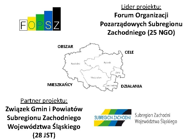 Lider projektu: Forum Organizacji Pozarządowych Subregionu Zachodniego (25 NGO) OBSZAR CELE MIESZKAŃCY Partner projektu: