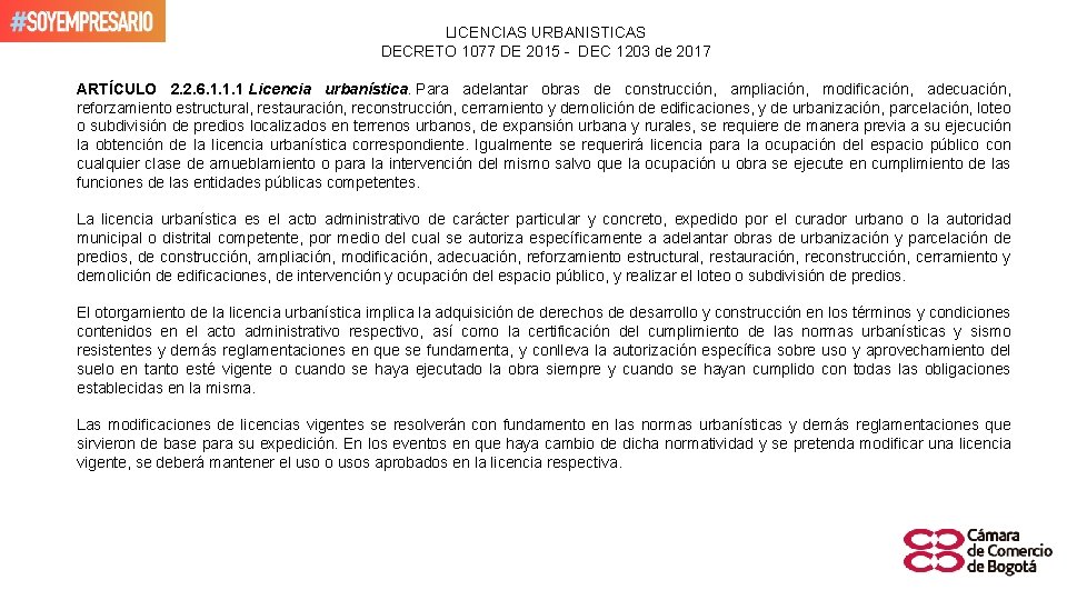 LICENCIAS URBANISTICAS DECRETO 1077 DE 2015 - DEC 1203 de 2017 ARTÍCULO 2. 2.