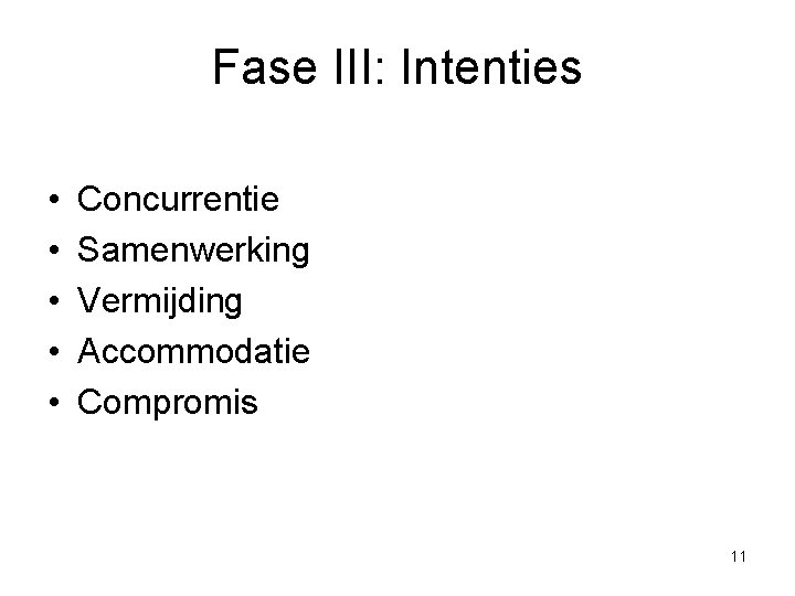 Fase III: Intenties • • • Concurrentie Samenwerking Vermijding Accommodatie Compromis 11 