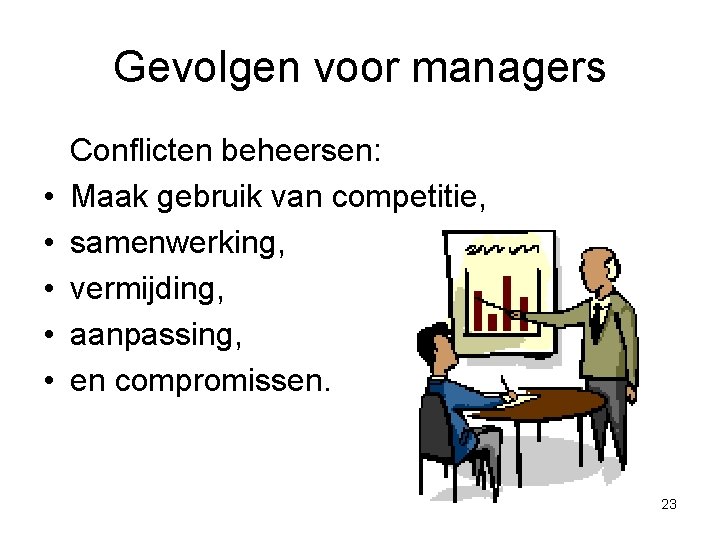 Gevolgen voor managers • • • Conflicten beheersen: Maak gebruik van competitie, samenwerking, vermijding,