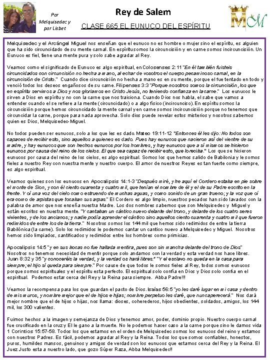 Por Melquisedec y por Lisbet Rey de Salem CLASE 665 EL EUNUCO DEL ESPÍRITU
