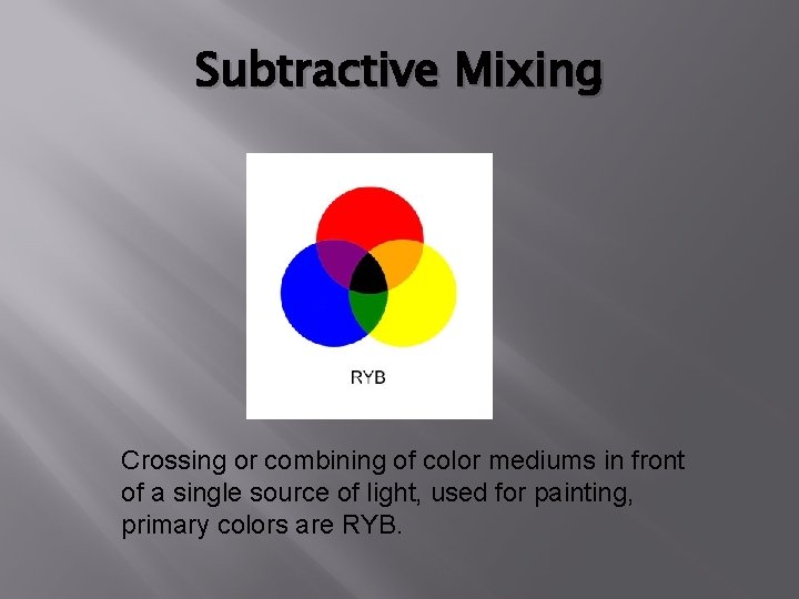 Subtractive Mixing Crossing or combining of color mediums in front of a single source