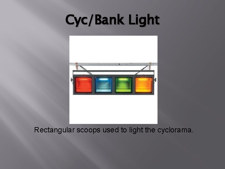 Cyc/Bank Light Rectangular scoops used to light the cyclorama. 