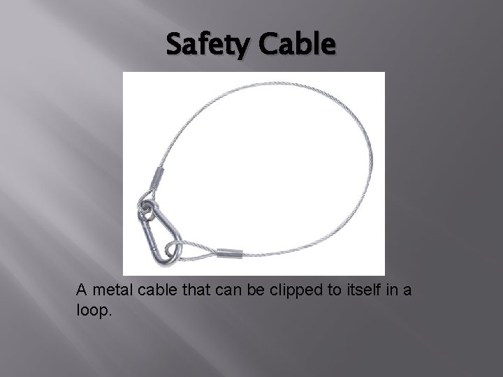 Safety Cable A metal cable that can be clipped to itself in a loop.
