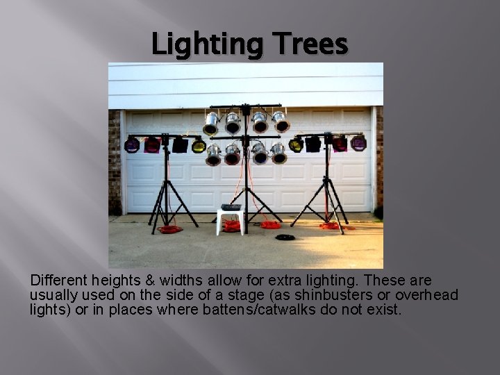 Lighting Trees Different heights & widths allow for extra lighting. These are usually used
