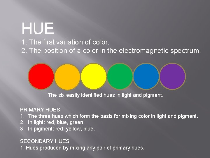 HUE 1. The first variation of color. 2. The position of a color in