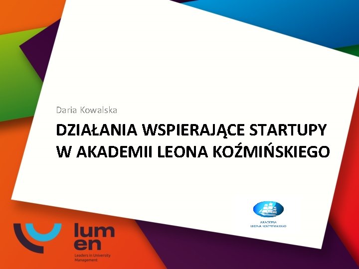 Daria Kowalska DZIAŁANIA WSPIERAJĄCE STARTUPY W AKADEMII LEONA KOŹMIŃSKIEGO 