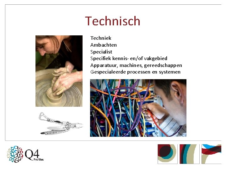 Technisch Techniek Ambachten Specialist Specifiek kennis- en/of vakgebied Apparatuur, machines, gereedschappen Gespecialeerde processen en