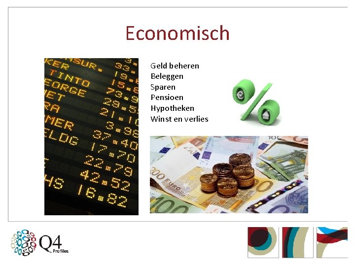 Economisch Geld beheren Beleggen Sparen Pensioen Hypotheken Winst en verlies 