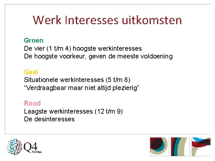 Werk Interesses uitkomsten Groen De vier (1 t/m 4) hoogste werkinteresses De hoogste voorkeur,