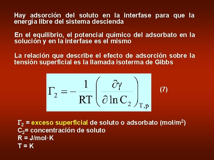 Hay adsorción del soluto en la interfase para que la energía libre del sistema