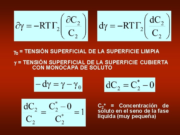 g 0 = TENSIÓN SUPERFICIAL DE LA SUPERFICIE LIMPIA g = TENSIÓN SUPERFICIAL DE