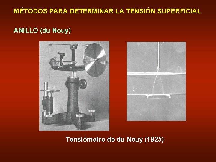 MÉTODOS PARA DETERMINAR LA TENSIÓN SUPERFICIAL ANILLO (du Nouy) Tensiómetro de du Nouy (1925)