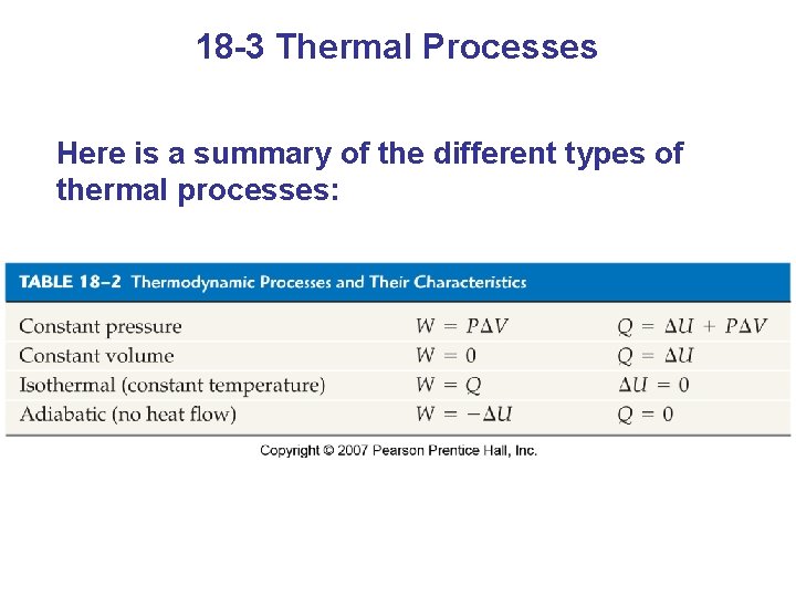 18 -3 Thermal Processes Here is a summary of the different types of thermal