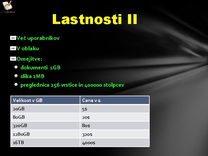 Lastnosti II Več uporabnikov V oblaku Omejitve: dokumenti 1 GB slika 2 MB preglednica