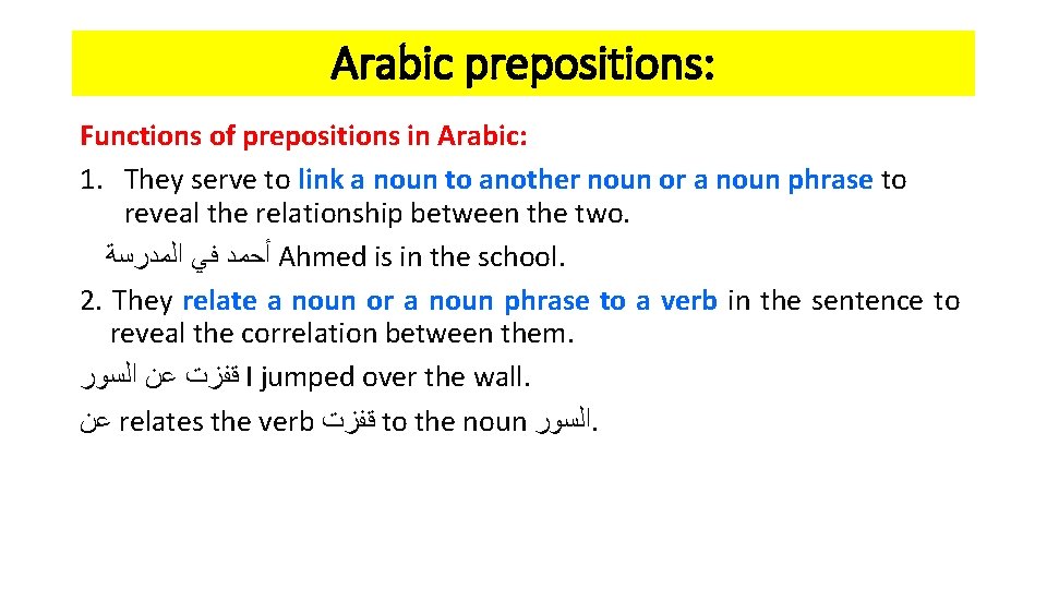 Arabic prepositions: Functions of prepositions in Arabic: 1. They serve to link a noun