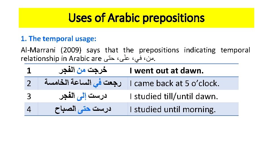 Uses of Arabic prepositions 1. The temporal usage: Al-Marrani (2009) says that the prepositions