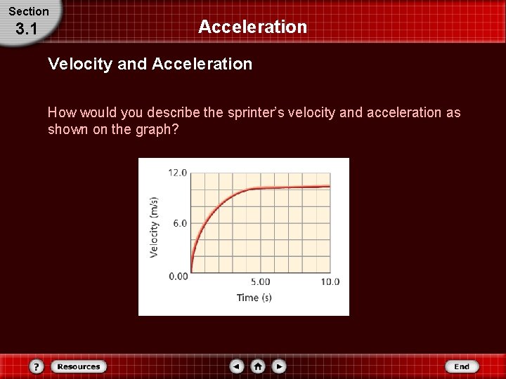Section 3. 1 Acceleration Velocity and Acceleration How would you describe the sprinter’s velocity