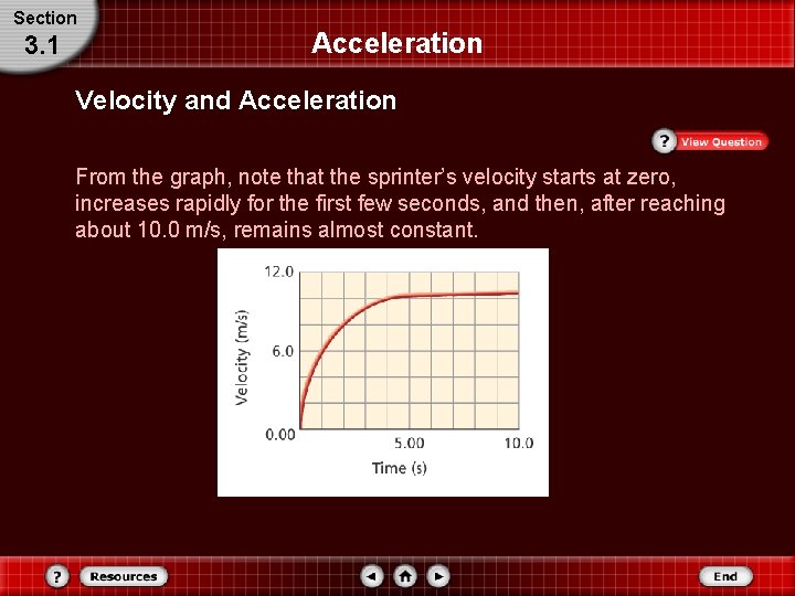 Section 3. 1 Acceleration Velocity and Acceleration From the graph, note that the sprinter’s