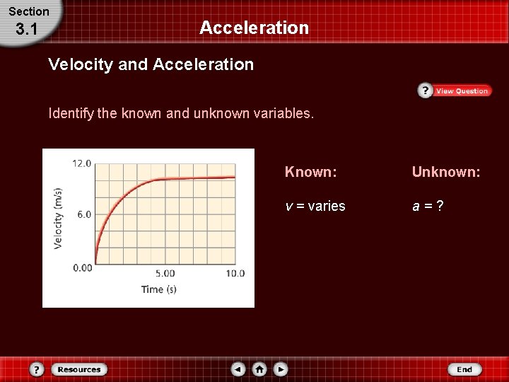 Section 3. 1 Acceleration Velocity and Acceleration Identify the known and unknown variables. Known: