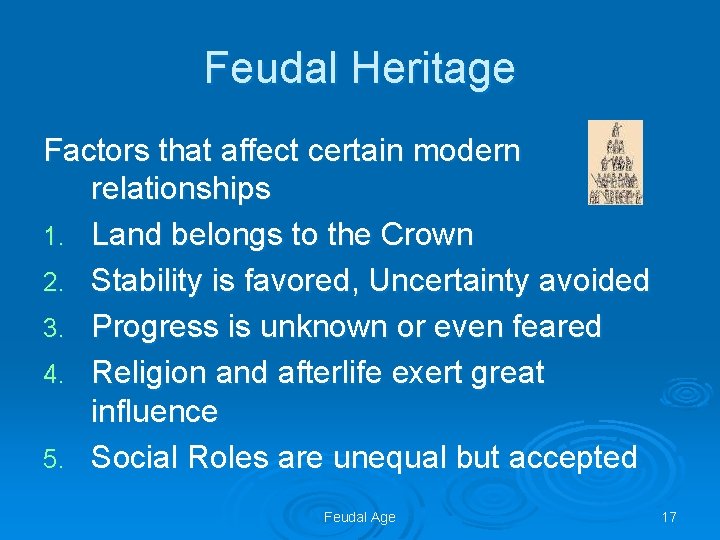 Feudal Heritage Factors that affect certain modern relationships 1. Land belongs to the Crown