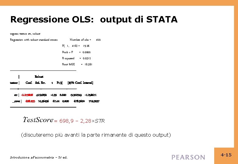 Regressione OLS: output di STATA regress testscr str, robust Regression with robust standard errors