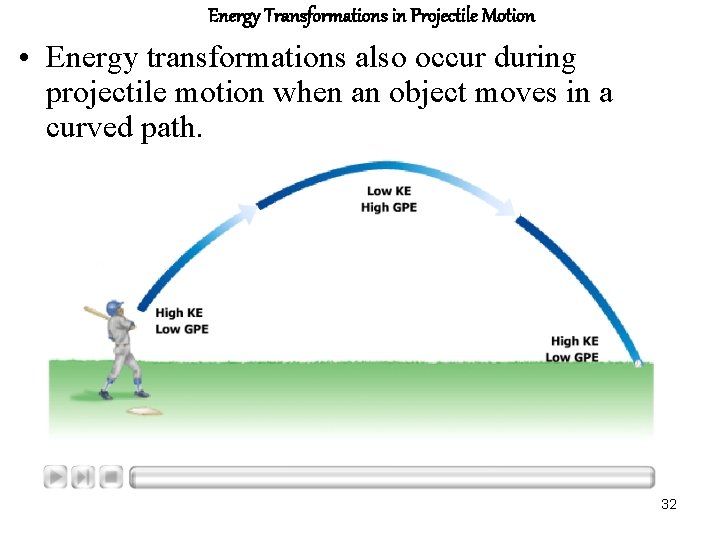 Energy Transformations in Projectile Motion • Energy transformations also occur during projectile motion when