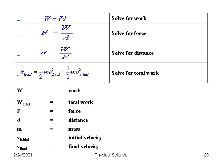  Solve for work Solve force Solve for distance Solve for total work W