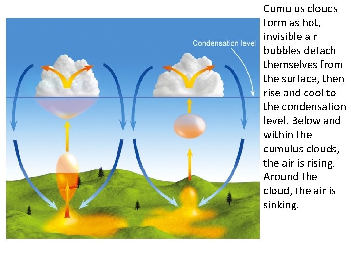 Cumulus clouds form as hot, invisible air bubbles detach themselves from the surface, then