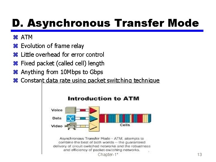 D. Asynchronous Transfer Mode z z z ATM Evolution of frame relay Little overhead