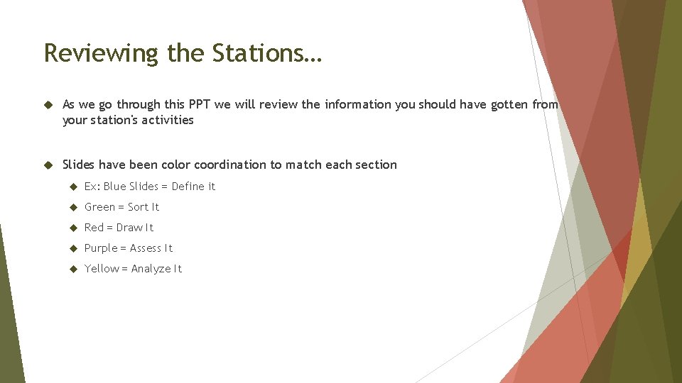 Reviewing the Stations… As we go through this PPT we will review the information