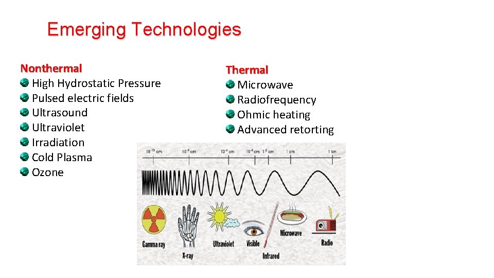 Emerging Technologies Nonthermal High Hydrostatic Pressure Pulsed electric fields Ultrasound Ultraviolet Irradiation Cold Plasma