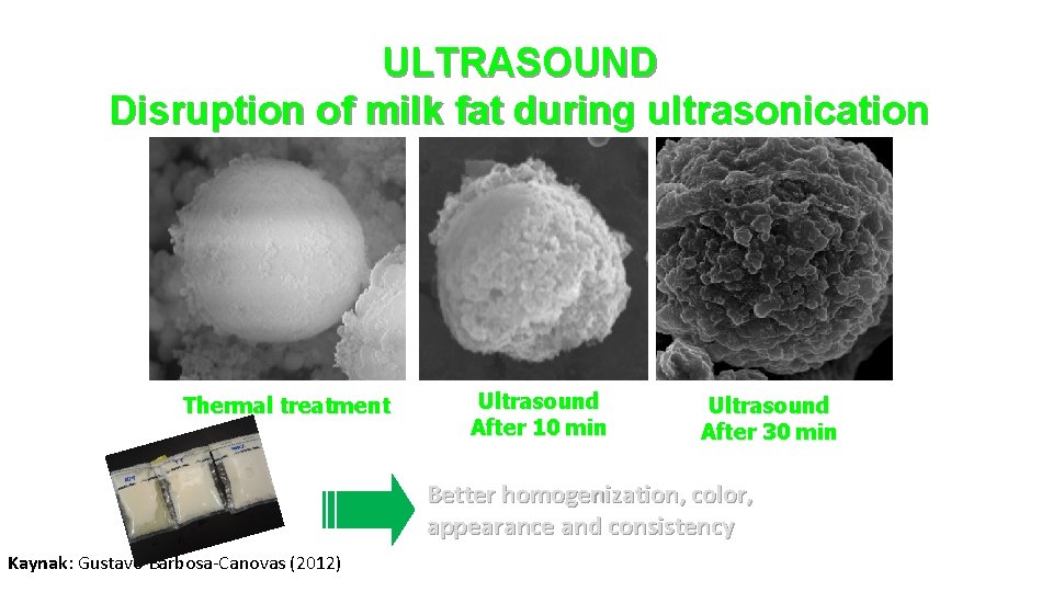 ULTRASOUND Disruption of milk fat during ultrasonication Thermal treatment Ultrasound After 10 min Ultrasound