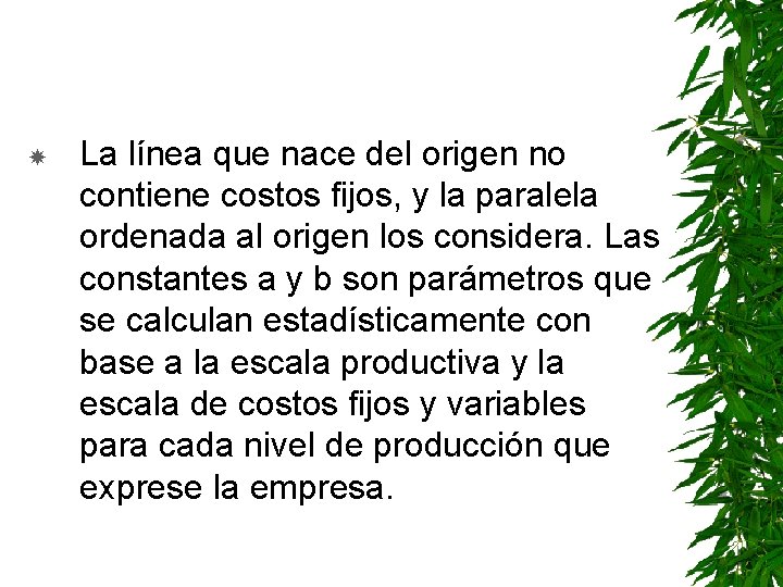  La línea que nace del origen no contiene costos fijos, y la paralela