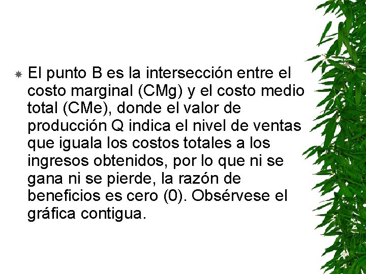  El punto B es la intersección entre el costo marginal (CMg) y el