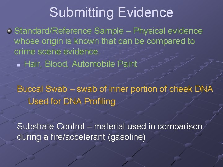 Submitting Evidence Standard/Reference Sample – Physical evidence whose origin is known that can be