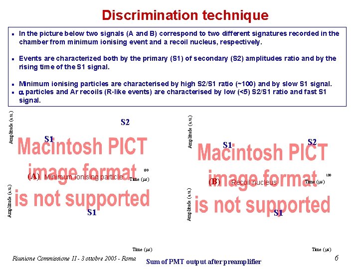 Discrimination technique l Minimum ionising particles are characterised by high S 2/S 1 ratio