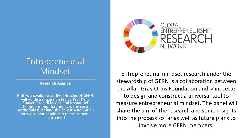 Entrepreneurial Mindset Research Agenda Phil Auerswald, Executive Director of GERN will guide a discussion
