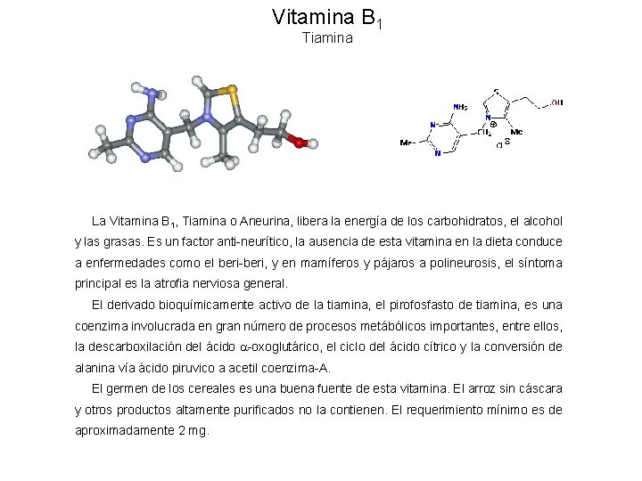 Vitamina B 1 Tiamina La Vitamina B 1, Tiamina o Aneurina, libera la energía